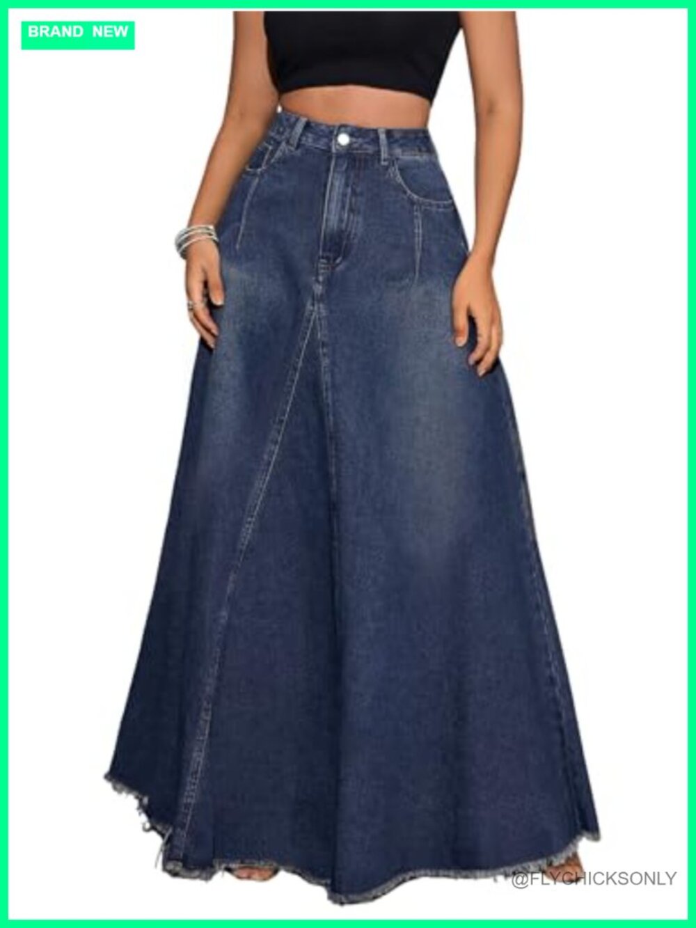 High Waist Frayed Hem A-Line Maxi Denim Skirt with Pockets